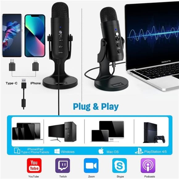 USB Microphone,Condenser Computer PC Mic,Plug&Play Gaming Microphones for PS 4&5 - Picture 3 of 6